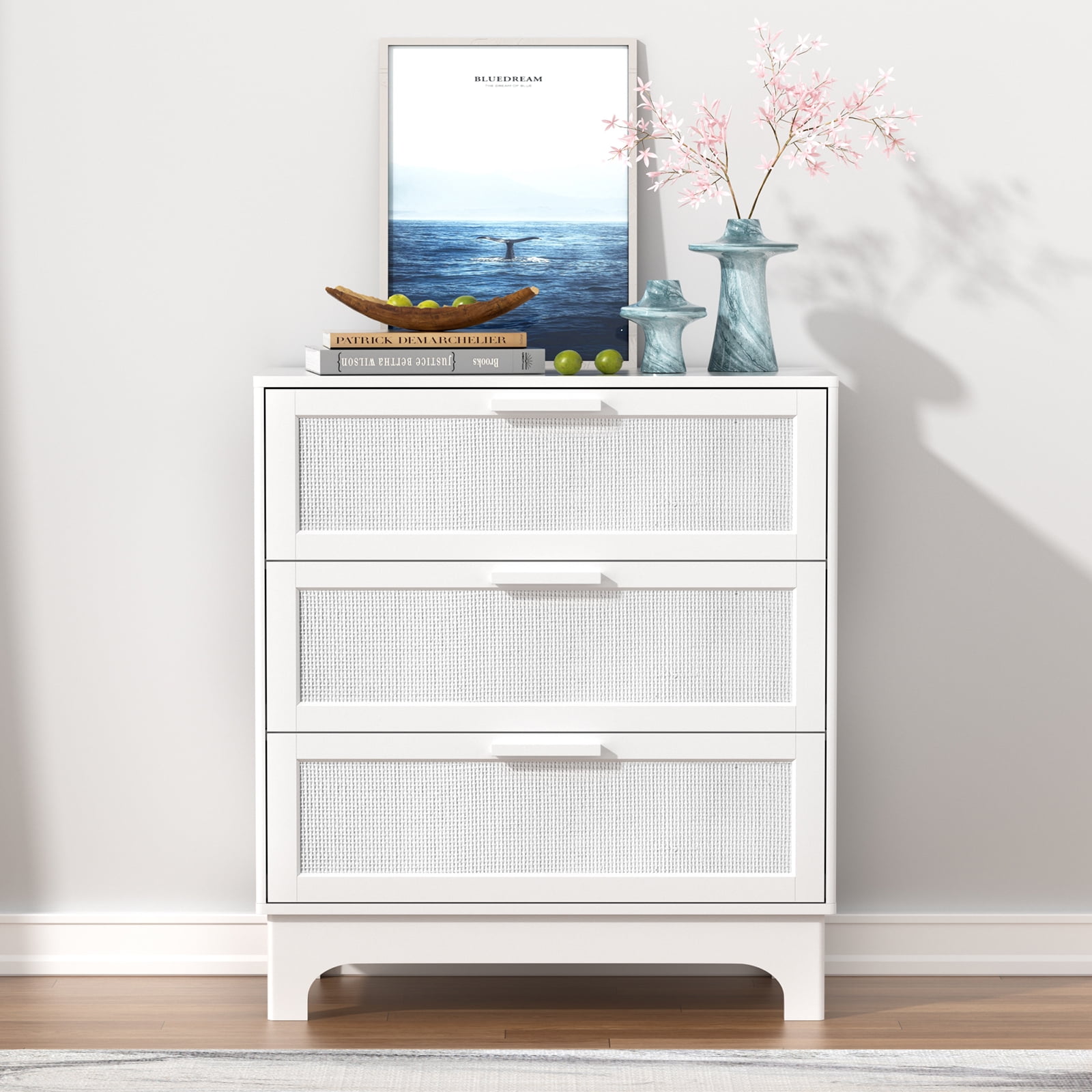 Eumyviv 3 Drawer Dresser, White Rattan Dresser for Bedroom Chest of Drawers for Living Room Bedroom, White H0151