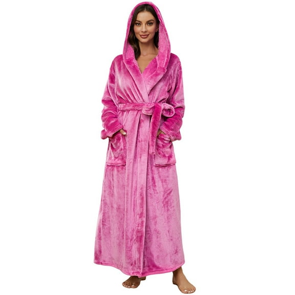 U2SKIIN Womens Fleece Hooded Robe, Full Length Soft Thick Plush Bathrobe,(Rose,L-XL)