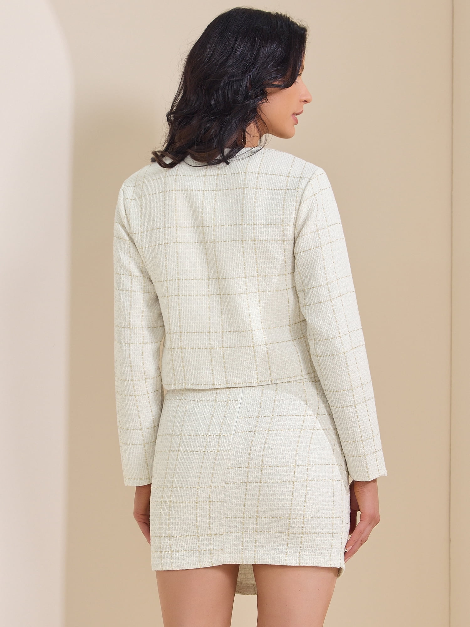 DARING DIVA Women's 2 Piece Tweed Blazers Button Down Jacket Mini Skirt Set XS White