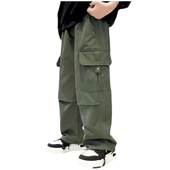 Gibobby Boys Cargo Pants- Straight Leg Elastic Waist Fashion Kids Cotton Joggers Boys Hiking Pants(Green,14-15 Years)