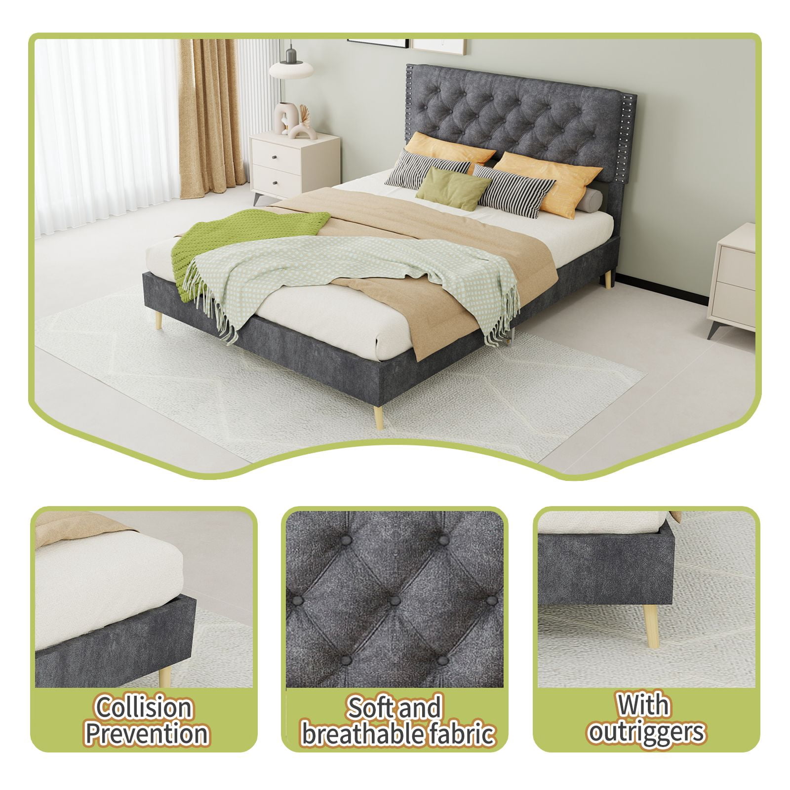 Alvantor Full Size Upholstered Bed Frame with Padded Headboard, Holland Velvet Tufted Gray