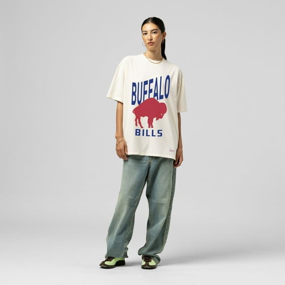 Women's Mitchell & Ness  Cream Buffalo Bills Logo Rise Boyfriend T-Shirt