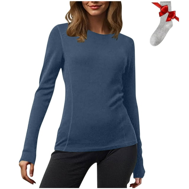 Yuyuzo Chandails à Manches Longues pour Femmes, Couche de Base Thermique Légère, T-Shirts à Col Rond, Hauts Chauds et Confortables avec Chaussettes