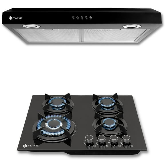 FLINE | Combo parrilla de gas y Campana Acero Inoxidable | negra 60 cm| vidrio templado y acero negro| 4 quemadores | Controles boton | OS4BR60