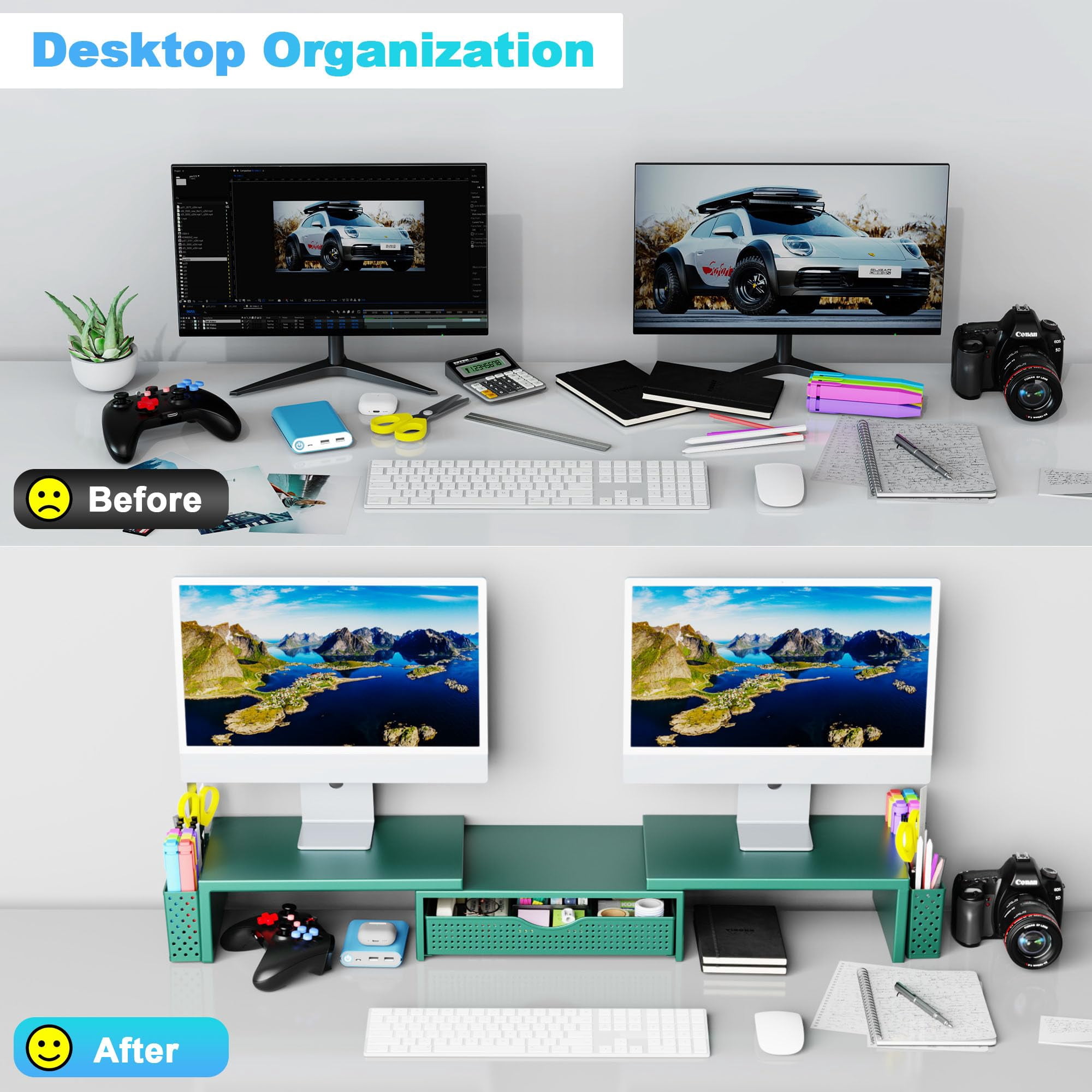 Metal Desk Organizers And Accessories  Dual Monitor Stand Riser With Drawer 2 Pen Holders & Workspace Desktop For Office Supplies (dark Gree)
