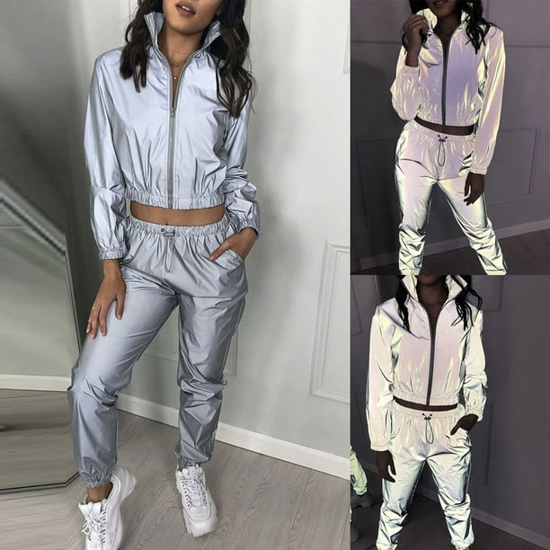 Women Rave Reflective Tracksuit Zip Up Long Sleeves Jacket Jogger Pants  with Pockets for Sport Party Festival 