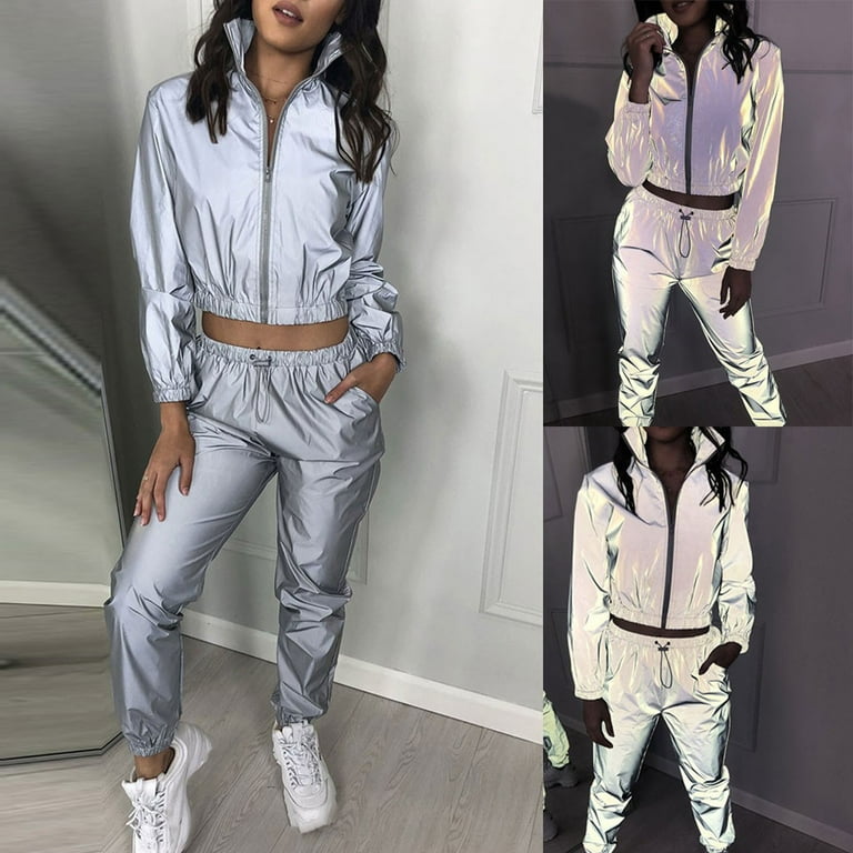 Women Rave Reflective Tracksuit Zip Up Long Sleeves Jacket Jogger Pants  with Pockets for Sport Party Festival