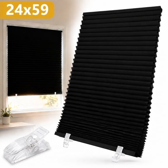 Genreen 24 x 59 in Window Blinds Cordless Blackout No Drill Cut to Size Clip On Stick On Self Adhesive Temporary Blinds Pleated Paper Blinds for Windows Doors Shades for Home Bedroom Kitchen Bathroom