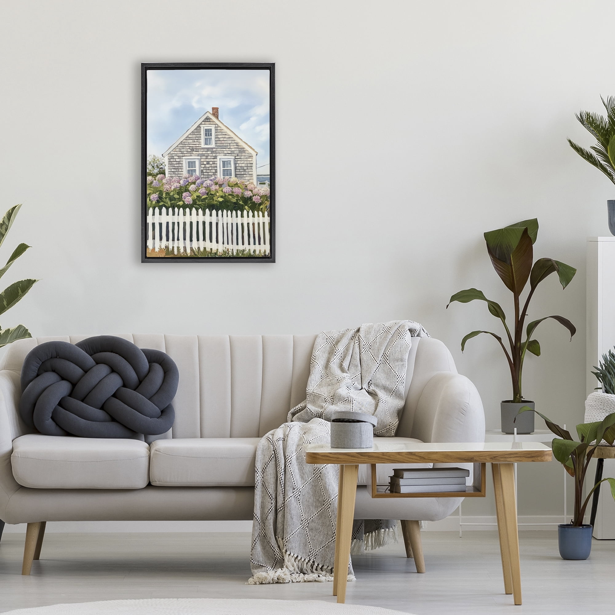 Stupell Industries Coastal Cottage Hydrangea Garden Black Framed Floater Canvas Wall Art, design by Sisi and Seb