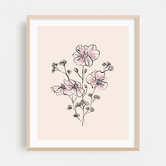 Wild Roses Bouquet - Illustration Floral Line Art Botanical Flowers Minimalist Pastel Nature Oak Framed Wall Art Print 16 x 20 inches