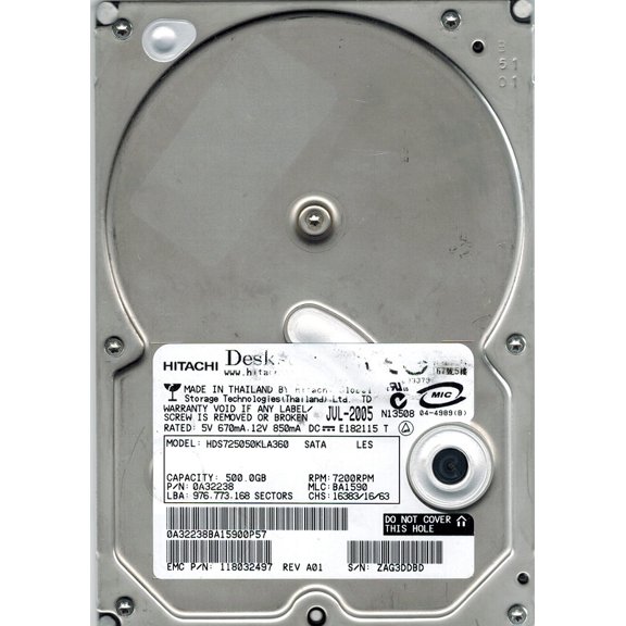 Hitachi HDS725050KLA360 P/N: 0A32238 MLC: BA1590 500GB