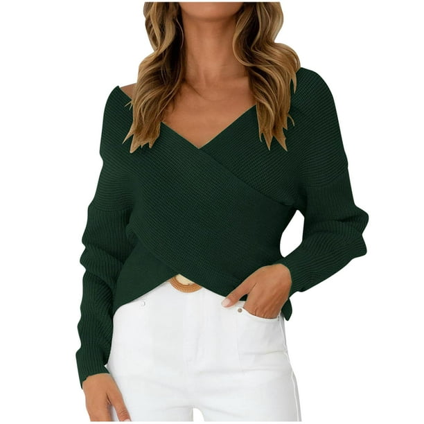 Moda mujer Color sólido manga larga Pullove cuello en V Casual suéter Tops Fridja hjk2285