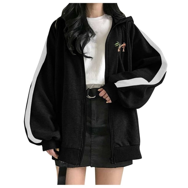 Mujeres Casual manga larga bolsillo suelto estampado cremallera medio y largo Tops sudaderas con capucha blusa de mujer Fridja bvmnju5032