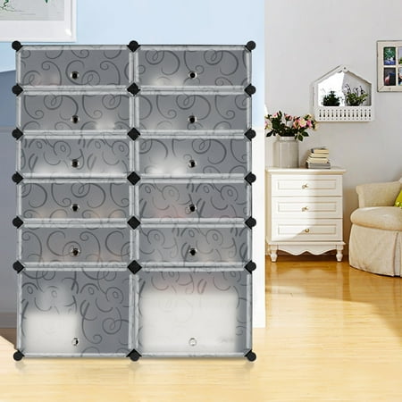 Black Cubby Storage LANGRIA 12-Cube DIY Shoe Rack, Multi Use Modular Organizer Storage Plastic Cabinet with Doors, 10 Cubbies and 2 Big Cubes, Black and White Curly Pattern ()