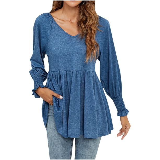Moda de mujer Otoño Invierno Blusa con cuello en V Sólido Puff Mangas largas Camiseta Tops Fridja fjkfkj4419