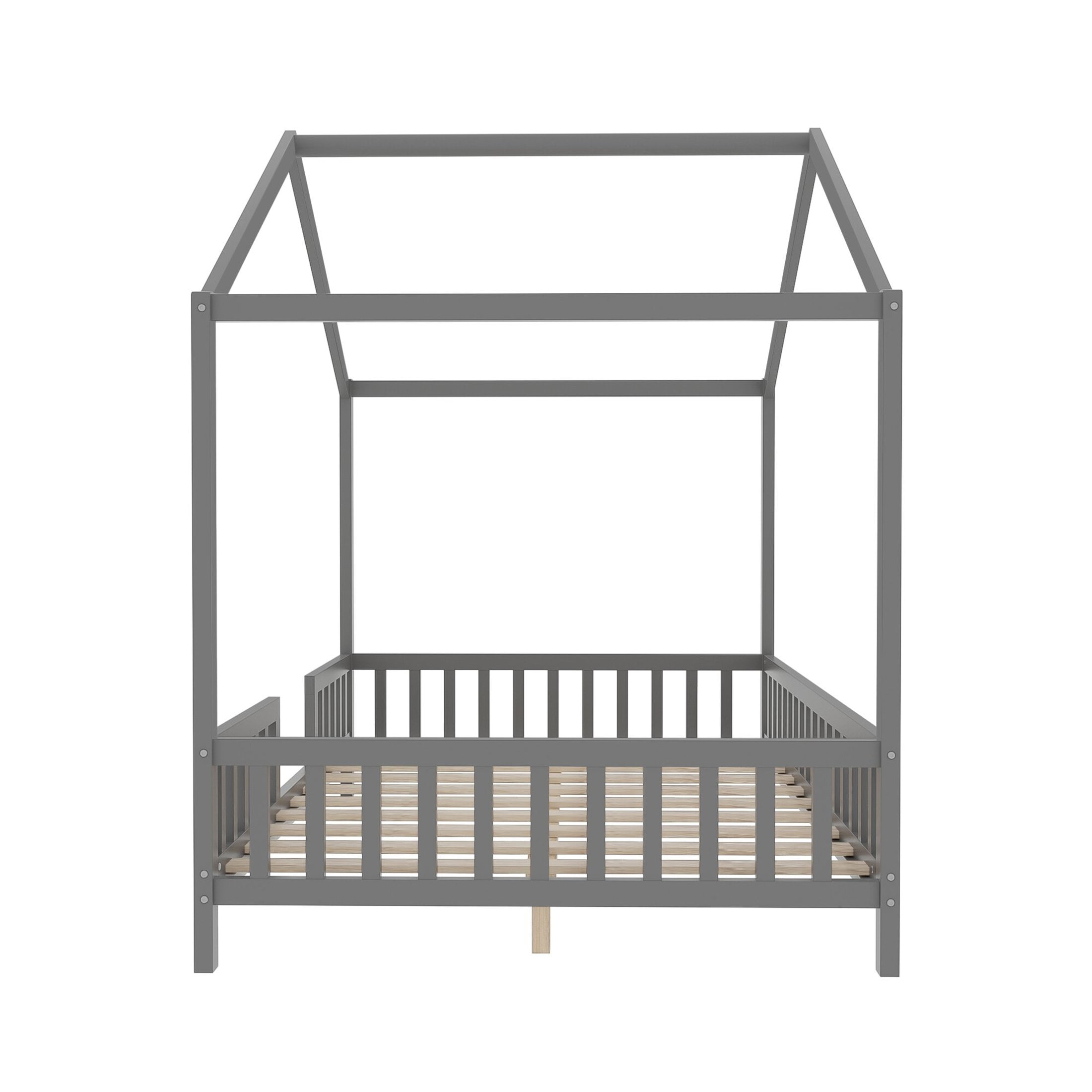 Noble House Full Floor Bed with Canopy and Guardrails, Wood House Bed Frame for Kids, Gray