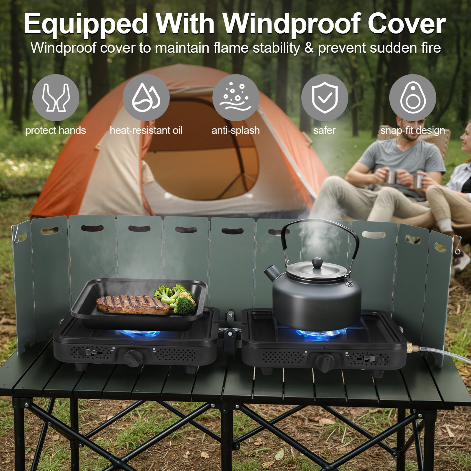 Thehsnt 2 Burner Camping Stove with Windshield – 20,000 BTU Portable Propane Stove, Folding Gas Stove for Outdoor BBQ, Tailgating
