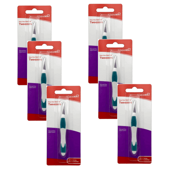 LEADER Tweezers Slant Tip Precision, Easy Grip, Non-Slip Rubber, Stainless Steel, Great Precision for Eyebrows, Facial Hair, Splinter and Ingrown Hair Removal - 6 Pack