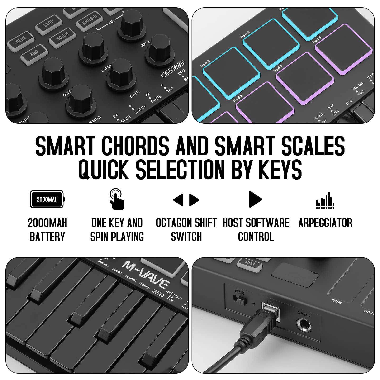 25 Key USB MIDI Keyboard Controller With 8 Backlit Drum Pads, Bluetooth Semi Weighted Professional dynamic keybed 8 Knobs and Music Production,Software Included (Black)