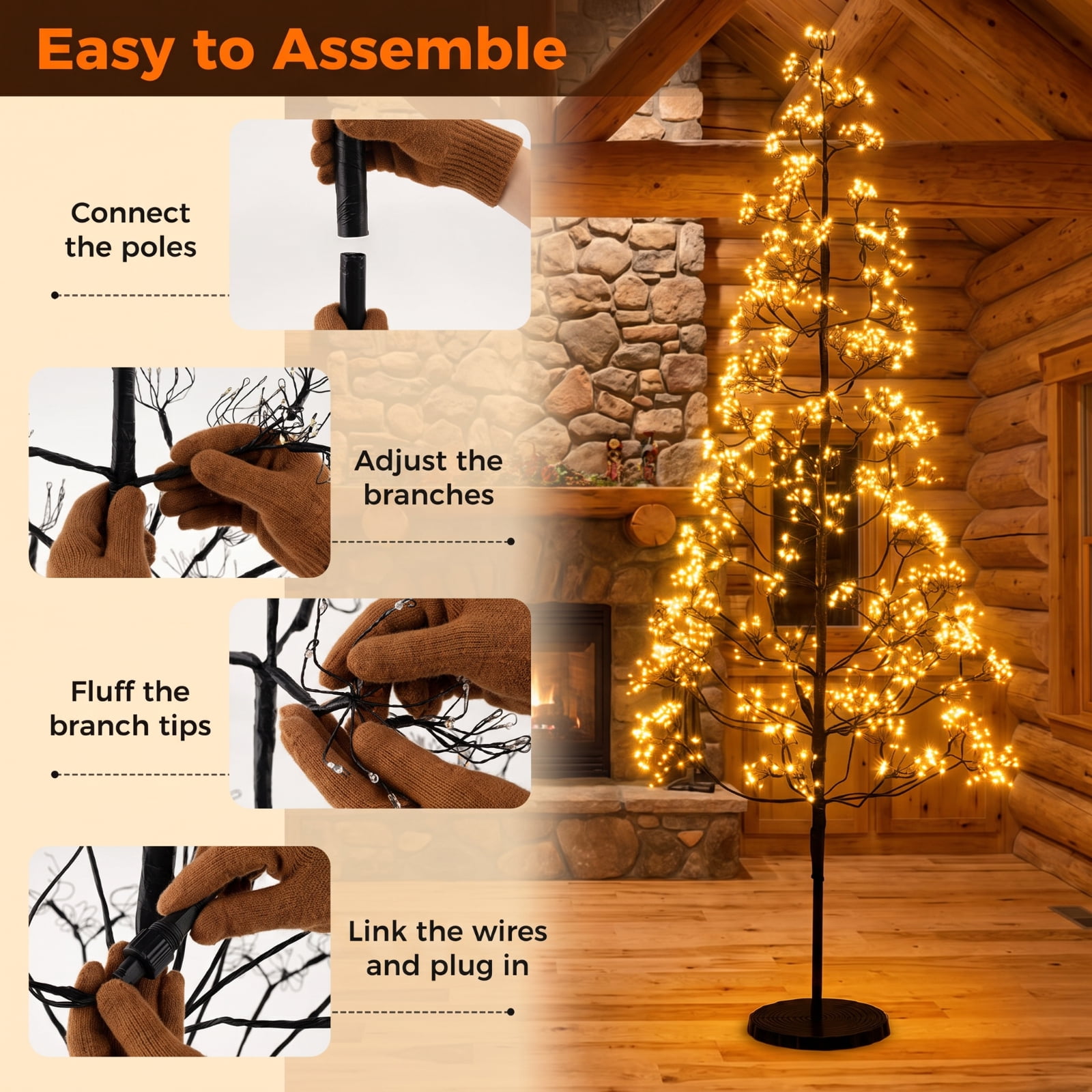 RUIE 6 ft Lighted Alpine Christmas Tree, Pre-Lit Black Cedar Tree with 1500 LED Lights and Weighted Concrete Base for Porch