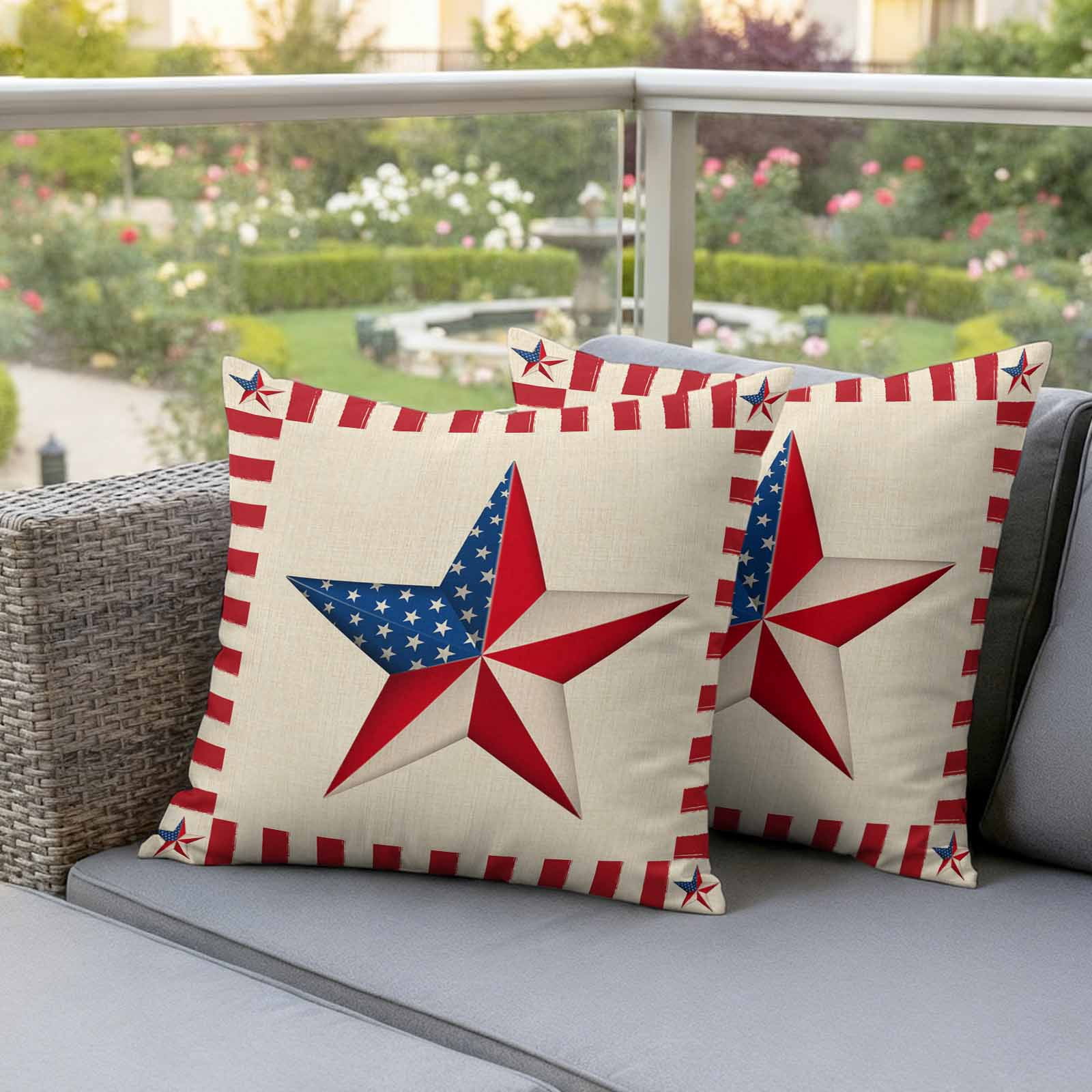 Independence Day Pillow Covers 2 Pack Farmhouse American Flag Pentagram Pillowcase Waterproof Outdoor Throw Pillow Cover for Patio Garden Square Cushion 24”x24”
