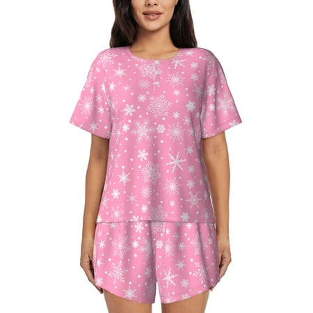 Ocsxa Snowflake pink backgrounds Print Women s Short-Sleeved Pajama Set Pajamas 2 Piece Short Sleeve Sleepwear Set Summer Pajamas Set Lounge Sets 2-Piece Pj-Large