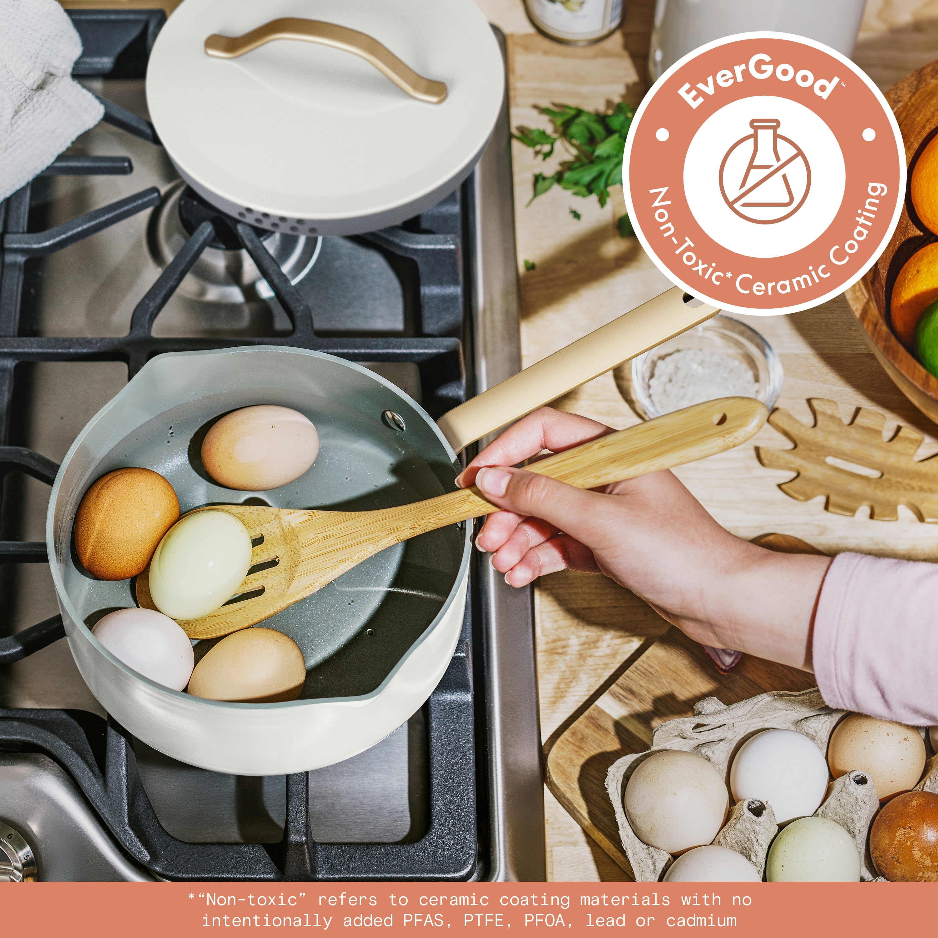 Beautiful 3 Quart Covered Sauce Pan with Strainer Lid and EverGood Ceramic Nonstick Coating, White Icing by Drew Barrymore