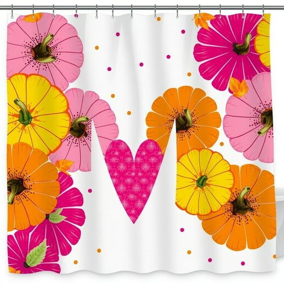 Charming Pink Heart Shower Curtain with Colorful Floral Design - Soft Fabric