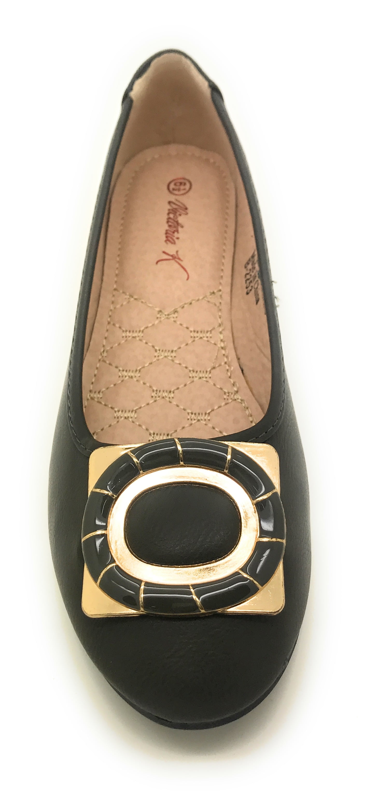 Women’s Ballerina Flats with Gold Buckle Accent – Round Toe Slip-On Dress Shoes – Comfortable Casual Everyday Flats for Work, Office, Travel, or Evening Wear