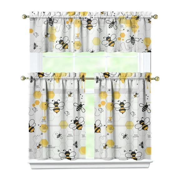 Bee Themed Kitchen Curtains 3 PC Set - Honey Yellow Print, Tier & Valance Window Treatment, Rod Pocket Farmhouse Curtains, Gift for Bee Lovers, Cute Cartoon Design