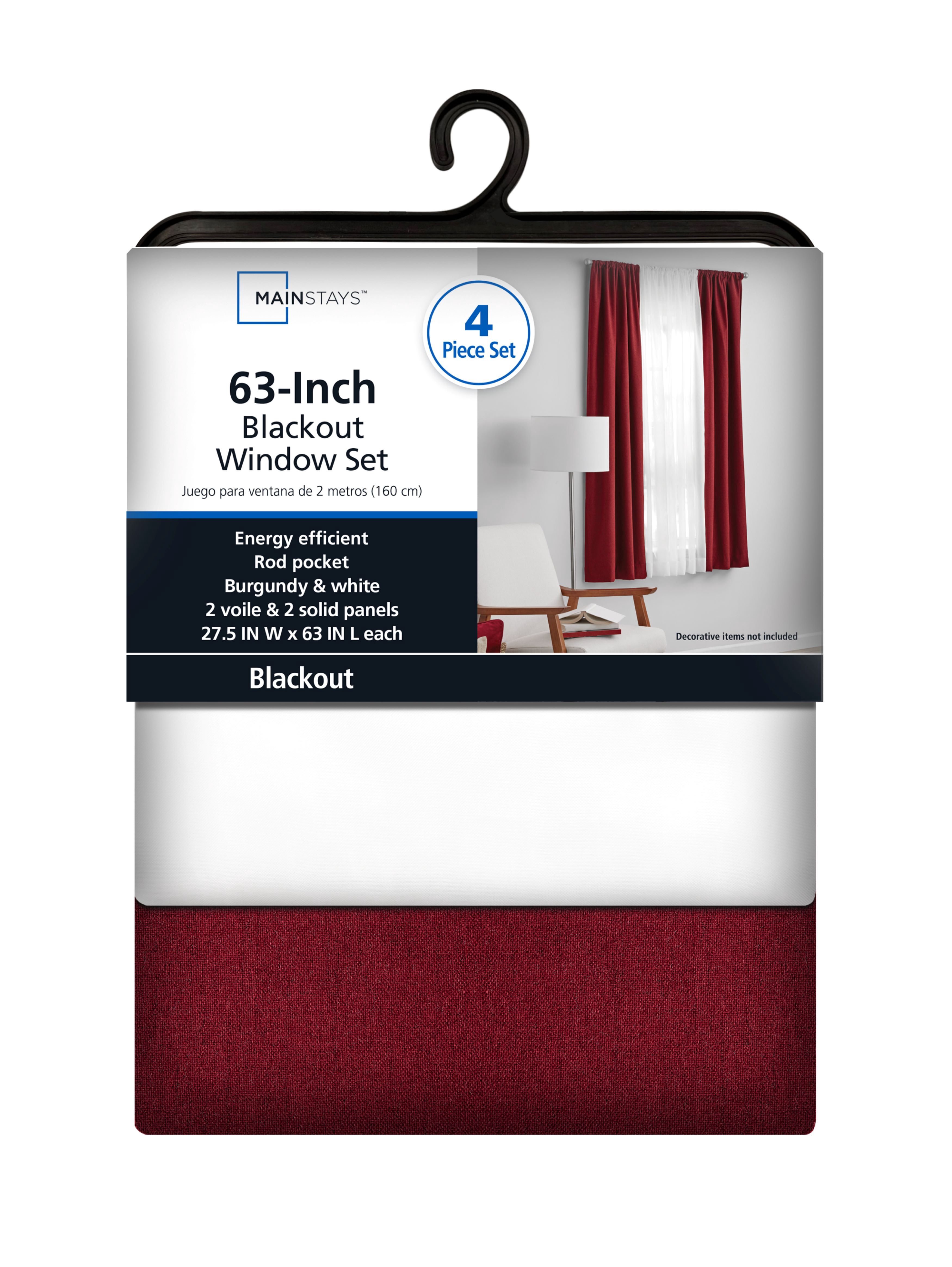 (3 pack) Mainstays Twill Blackout Rod Pocket 4 Piece Curtain Set, Luscious Merlot, 27.5" W x 63" L