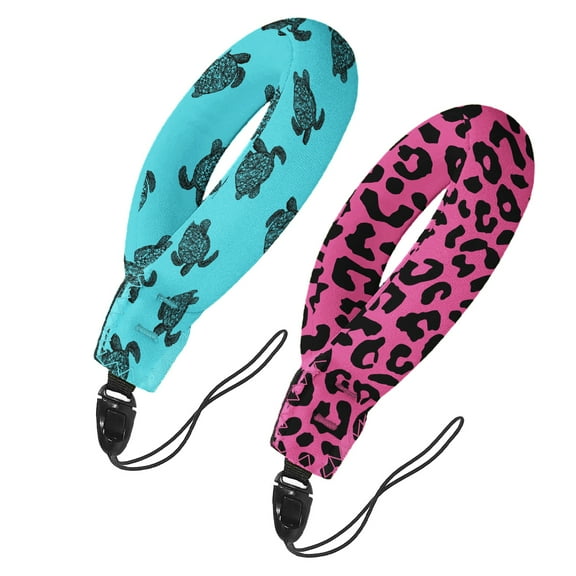WIRESTER 2 Pack Camera Float Wrist Strap with Waterproof Phone Pouch & Keychain for Boating & Swimming - Ocean Sea Turtles & Black / Hot Pink Leopard