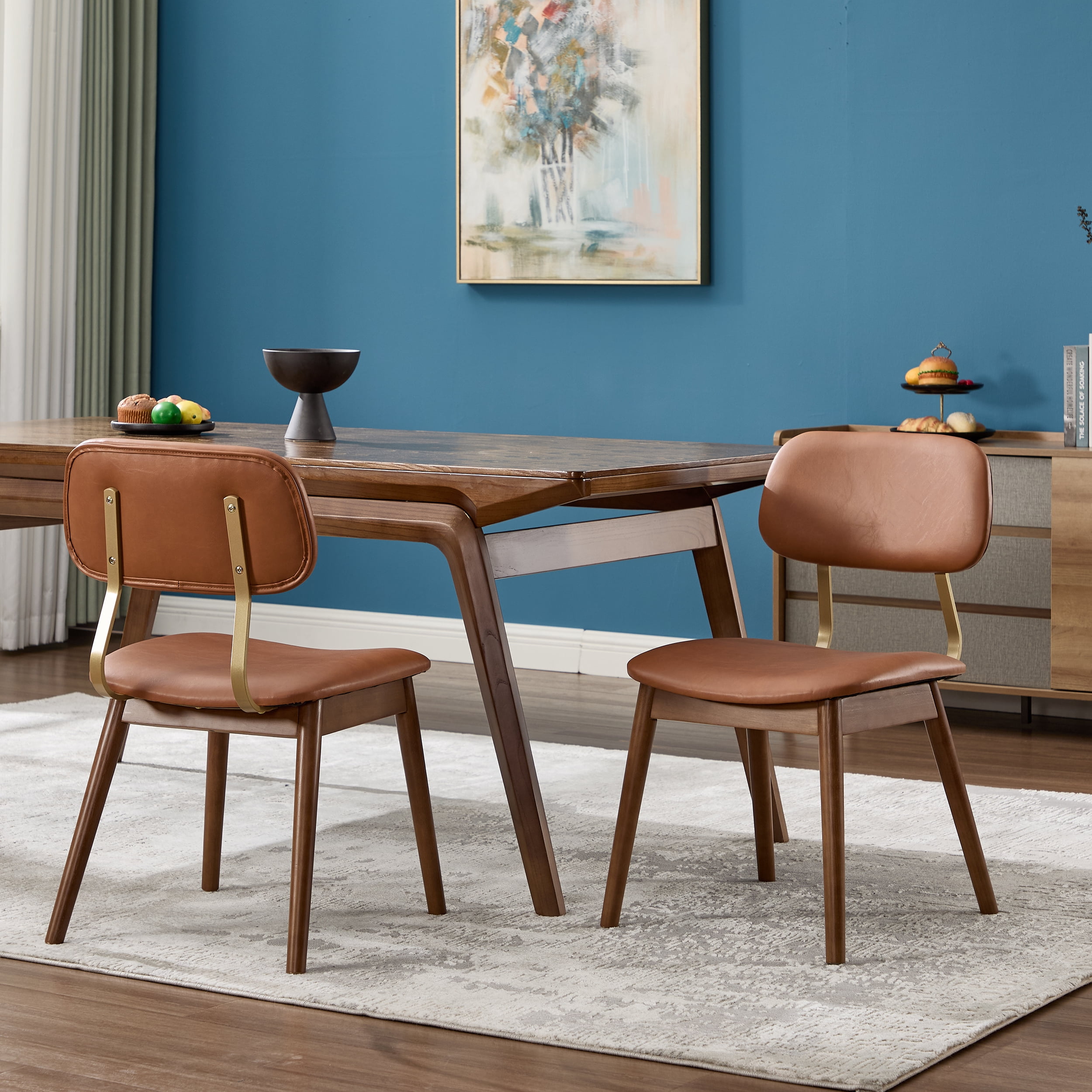 Garitin Dining Chair Set of 2 and Wooden Side Chairs, Vinyl Upholstered Seating with Curved Backrest for Kitchen and Dining Room, Brown