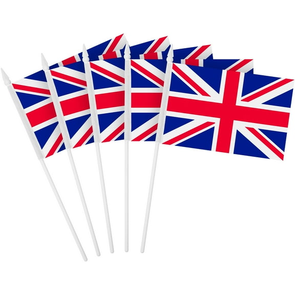 G128 12 Pack Handheld United Kingdom UK Stick Flags | 4x6 In | Printed 150D Polyester, Country Flag, Solid Plastic Stick, Spear White Tip