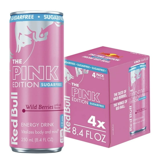 Red Bull Pink Edition Sugar Free Energy Drink, Wild Berries, 8.4 fl. oz., Pack of 4 cans