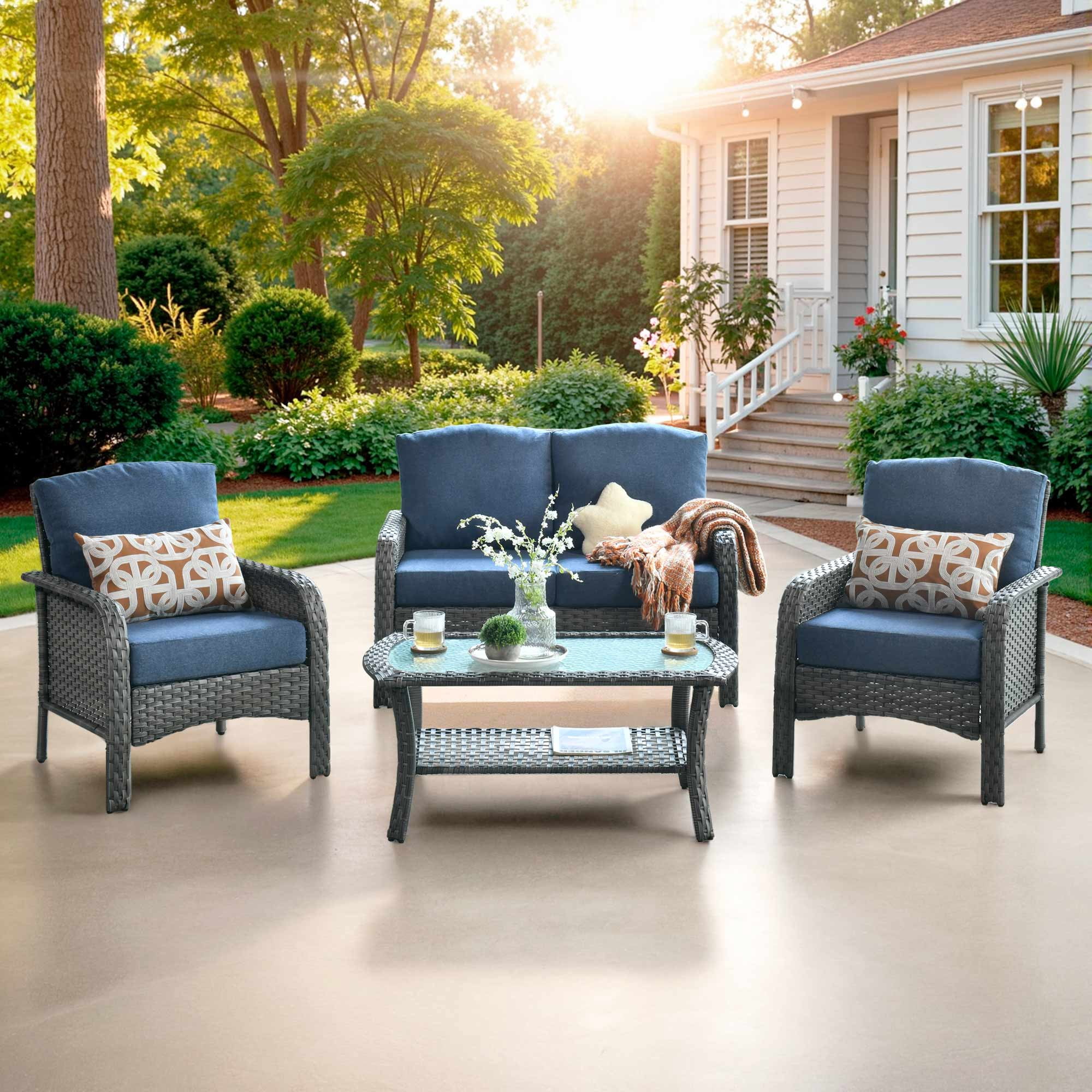 Ovios 4 Pieces Patio Furniture Outdoor Sectional Set Modern High Back All Weather Wicker Conversation Set with Coffee Table for Garden, Backyard, Denim Blue