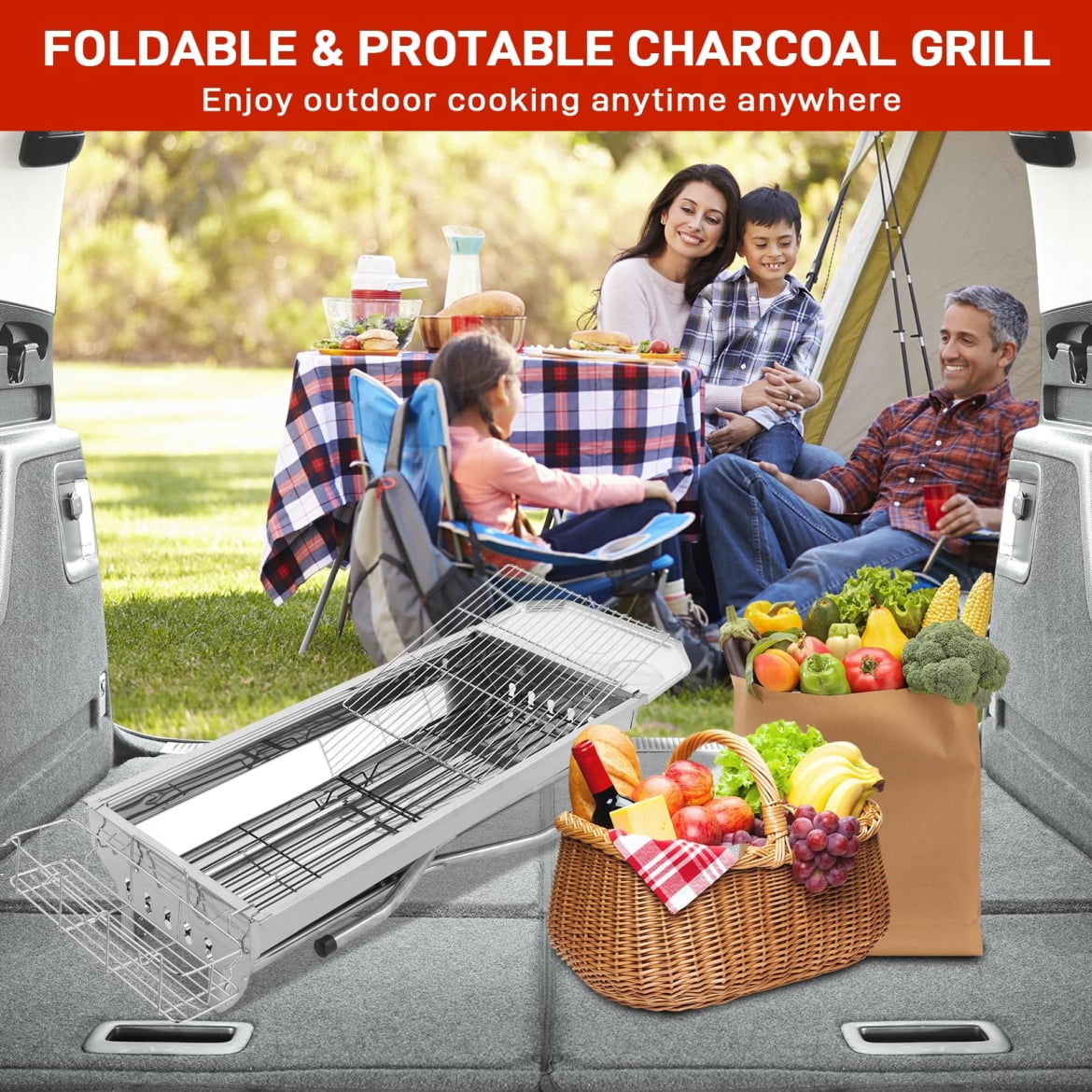 Portable Charcoal Grill, Foldable Barbecue Grill, 39 x 12x 28" Stainless Steel BBQ Grill for Outdoor Cooking Camping Hiking Picnic Garden Beach Party (Large)