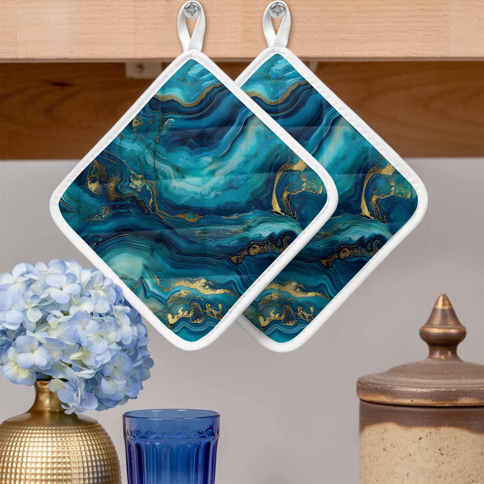 Teal Blue Marble Pot Holders for Kitchen Heatproof Potholder, 5 Pack Ink Painting Modern Abstract Yellow Hot Pads Multipurpose Oven Pads Cloth Potholders Trivet for Cooking Baking