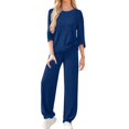 thumbnail image 3 of Women's Ribbed Knit Lounge Set, Straight Leg Pants Two Piece Outfit, Long Sleeve Top and Pants Set, Comfortable Elastic Waistband, Relaxed Fit Casual Home Suit Dark Blue L, 3 of 7