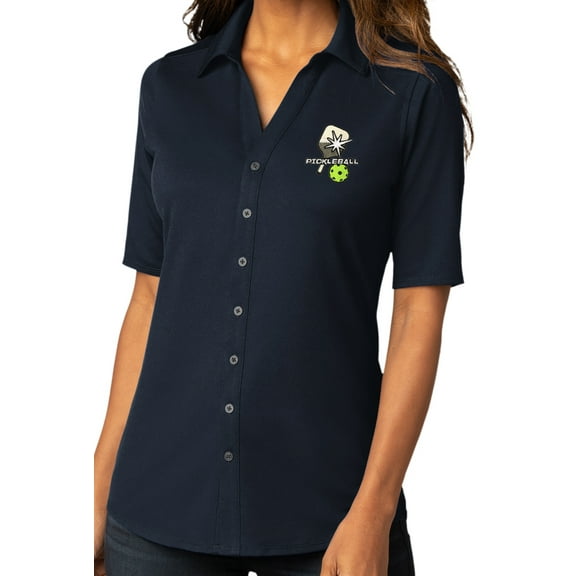 Womens Pickleball Patch Button-Down Stretch Shirt, Medium River Blue