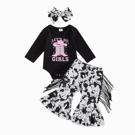 NOLDARES Baby Girls Clothes Girls 3PCS Fall Winter Outfits Set Letter Print Infant Girls Long Sleeve Top Pants Set with Headband,Black,6-12 M