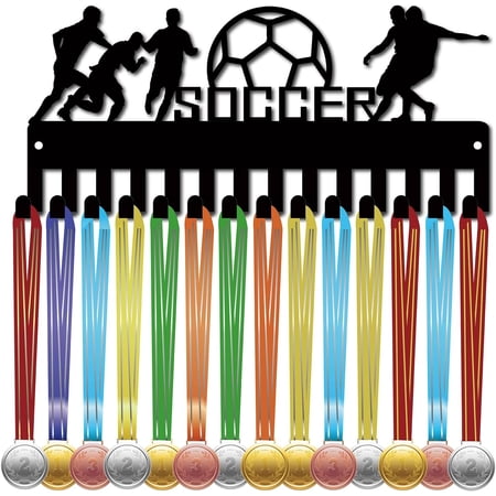 Soccer Medal Hanger Display Medal Holder Rack Sports Metal Hanging Awards Iron Small Mount Decor with 14 Hooks for Wall Home Badge Race Soccer Gymnastics Swimming Black 11.4 x 5.1 Inch DIY