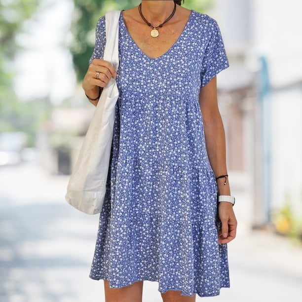 Vestidos Casuales Vestido Casual Mujer Suelto Plisado Impreso Floral Desplazamiento Ocio (Azul XXL) Cgtredaw para Mujer Azul T M