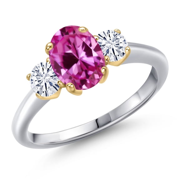 Gem Stone King 10K Two Tone Gold Pink Created Sapphire and White Moissanite Engagement Ring for Women | 2.11 Cttw | Oval 8X6MM | Gemstone September Birthstone | Size 6