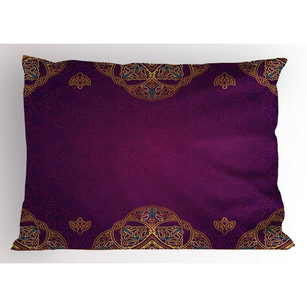 Purple Pillow Sham Eastern Style Ornamental Gold Lace Pattern on Purple