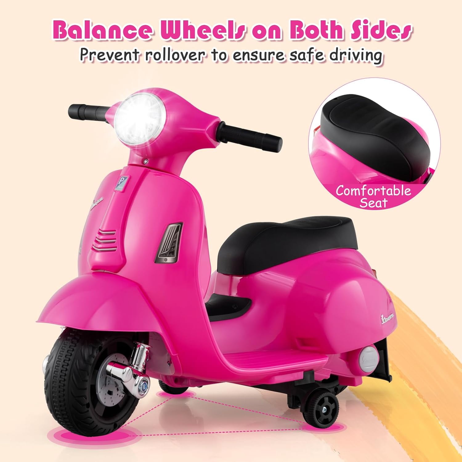 Licensed Vespa Kids Motorcycle by OLAKIDS, 6V Battery Powered Motorbike for Toddlers with Training Wheels, Horn, LED Lights, Electric Ride on Toys for Boys Girls Aged 18-36 Months