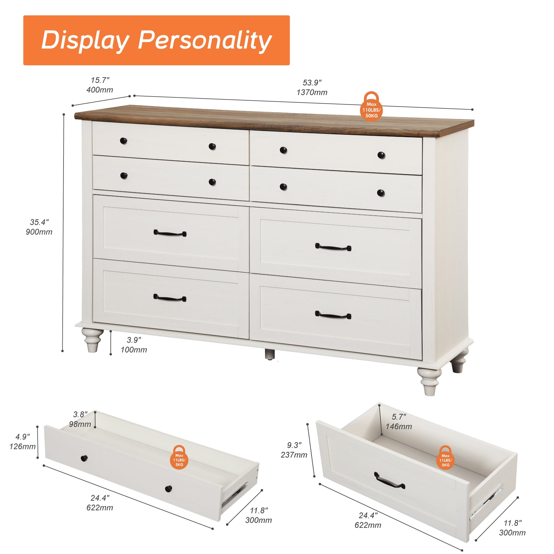 Mid Century Dresser with 8 Drawers, Wooden Kids Dresser for Kids Room Living Room, White