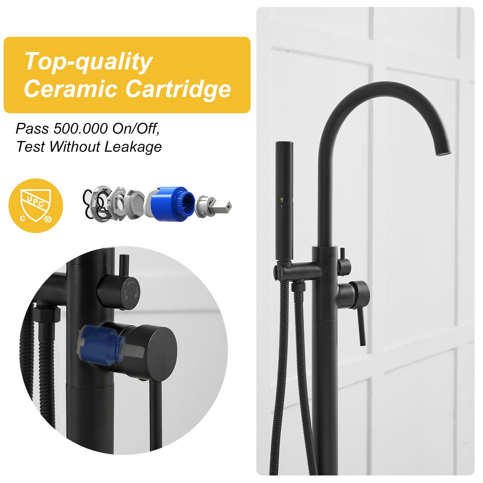 Freestanding Bathtub Faucet Matte Black Brass Floor Mount with 2-Function Hand Shower