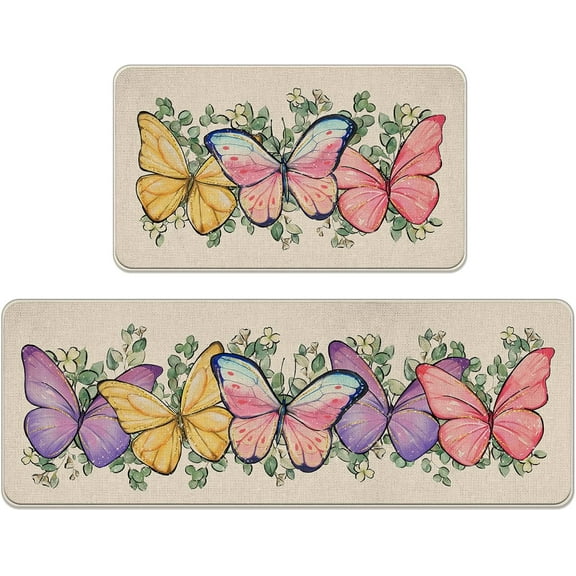 Spring Summer Colorful Butterfly Kitchen Rugs Set of 2, Eucalyptus Leaves Kitchen Mats Decor, Seasonal Floor Door Mat Home Decorations -17x30 and 17x47 Inch