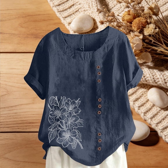 Vmvidoty Womens Cotton Linen Tops Fashion Casual Solid Cotton Linen Shirts Crew Neck Buttons Short Sleeve Tunic Blouse Summer Tops for Women 2026 Navy XXXXXL